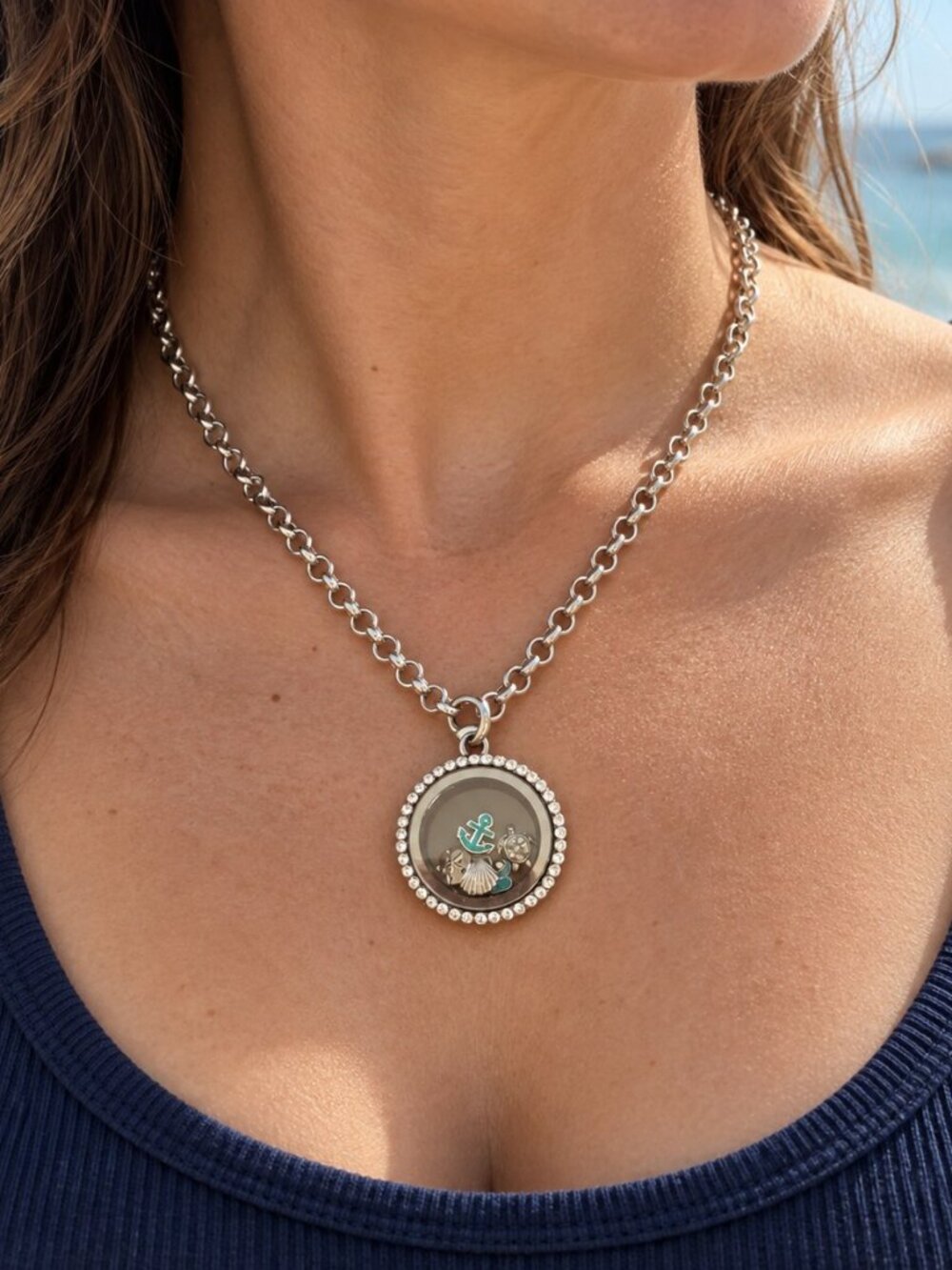 Silver Tone Floating Charm Locket Necklace Anchor Turtle Seashell Coastal